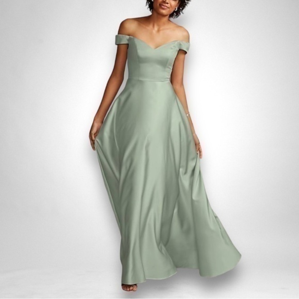 CELEBRATE DB STUDIO off-shoulder satin a-line bridesmaid dress in Dusty Sage